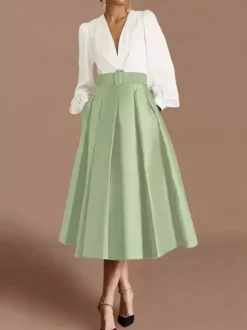 Robe de bal robe de soirée col en V satin manches longues ceinture robe de concours