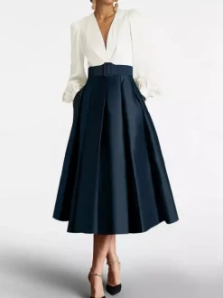 Robe de bal robe de soirée col en V satin manches longues ceinture robe de concours