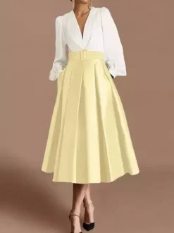 Robe de bal robe de soirée col en V satin manches longues ceinture robe de concours