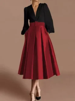 Robe de bal robe de soirée col en V satin manches longues ceinture robe de concours