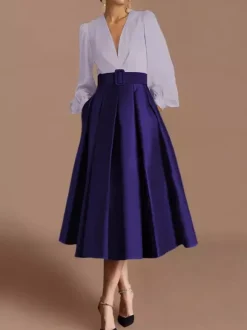 Robe de bal robe de soirée col en V satin manches longues ceinture robe de concours