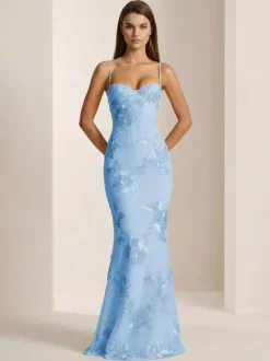 Robe de bal sirène à col c艙ur sans manches lacée ornée de fleurs en dentelle robe de soirée formelle