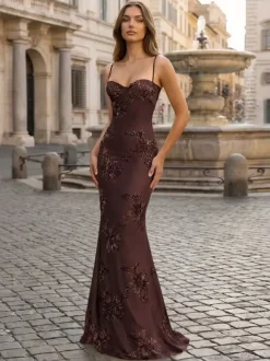 Robe de bal sirène à col c艙ur sans manches lacée ornée de fleurs en dentelle robe de soirée formelle