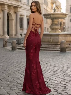 Robe de bal sirène à col c艙ur sans manches lacée ornée de fleurs en dentelle robe de soirée formelle