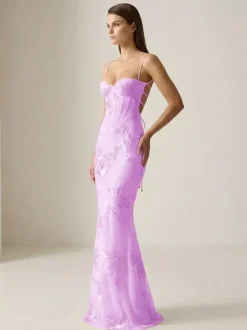 Robe de bal sirène à col c艙ur sans manches lacée ornée de fleurs en dentelle robe de soirée formelle