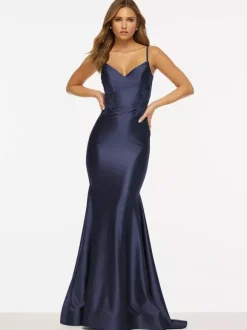 Robe de bal sirène col en V sans manches dos nu dentelle tissu satiné robes de soirée sociales