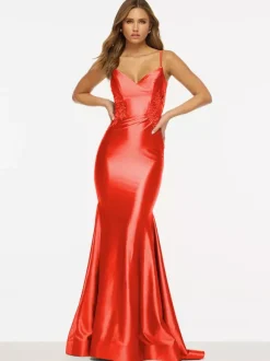 Robe de bal sirène col en V sans manches dos nu dentelle tissu satiné robes de soirée sociales