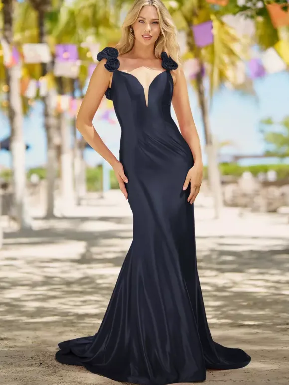 Robe de bal sirène col en v traîne Court sans manches dos nu fleurs soie élastique comme du Satin robes de dîner formelles