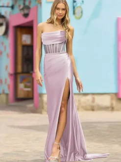Robe de bal sirène sans bretelles sans manches dos nu fendue sur le devant robes de dîner formelles