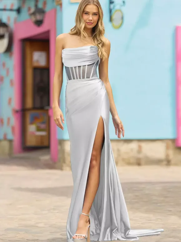 Robe de bal sirène sans bretelles sans manches dos nu fendue sur le devant robes de dîner formelles