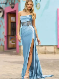 Robe de bal sirène sans bretelles sans manches dos nu fendue sur le devant robes de dîner formelles