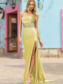 Robe de bal sirène sans bretelles sans manches dos nu fendue sur le devant robes de dîner formelles