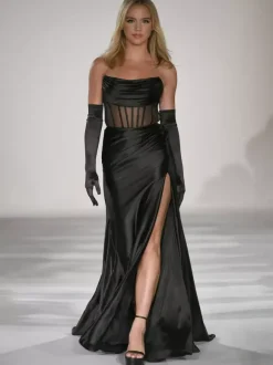 Robe de bal sirène sans bretelles sans manches dos nu fendue sur le devant robes de dîner formelles