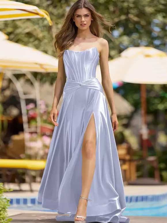 Robe de bal sirène sans bretelles en tissu satiné balayage fendu sur le devant robes de soirée sociales