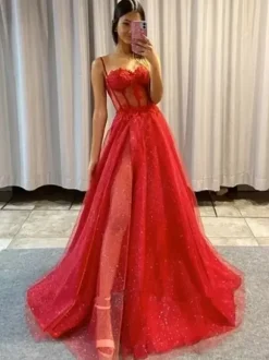 Robe de bal trapèze col en c艙ur dentelle sans manches fendue sur le devant robes de soirée