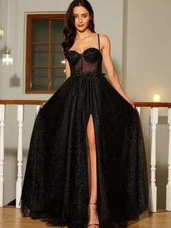 Robe de bal trapèze col en c艙ur dentelle sans manches fendue sur le devant robes de soirée