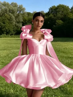 Robe de bal trapèze décolleté c艙ur courte sans manches lacets et n艙uds en satin idéale pour les soirées.