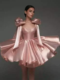 Robe de bal trapèze décolleté c艙ur courte sans manches lacets et n艙uds en satin idéale pour les soirées.