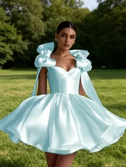 Robe de bal trapèze décolleté c艙ur courte sans manches lacets et n艙uds en satin idéale pour les soirées.