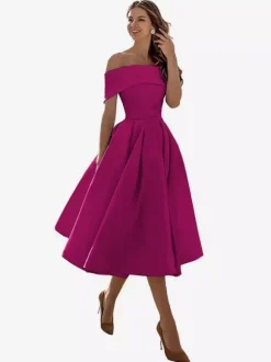 Robe de bal trapèze à épaules dénudées en satin longueur thé robe de soirée habillée