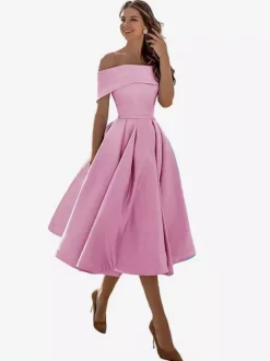 Robe de bal trapèze à épaules dénudées en satin longueur thé robe de soirée habillée