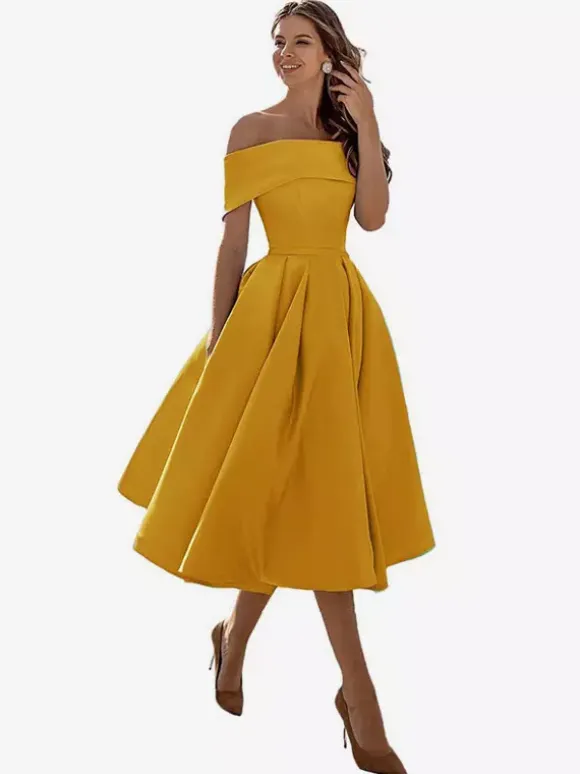 Robe de bal trapèze à épaules dénudées en satin longueur thé robe de soirée habillée