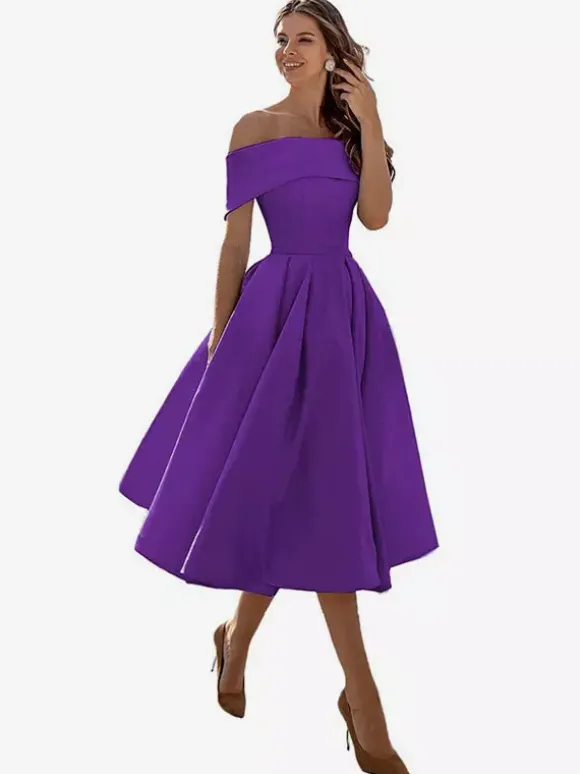 Robe de bal trapèze à épaules dénudées en satin longueur thé robe de soirée habillée