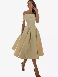 Robe de bal trapèze à épaules dénudées en satin longueur thé robe de soirée habillée