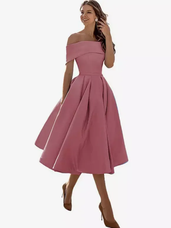 Robe de bal trapèze à épaules dénudées en satin longueur thé robe de soirée habillée