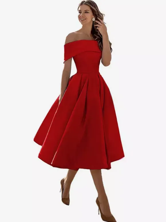 Robe de bal trapèze à épaules dénudées en satin longueur thé robe de soirée habillée