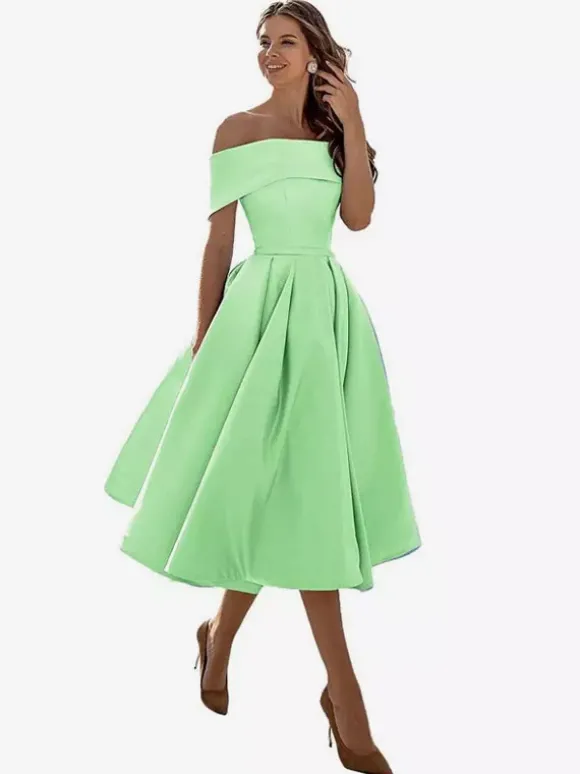 Robe de bal trapèze à épaules dénudées en satin longueur thé robe de soirée habillée