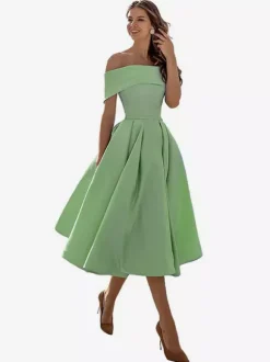 Robe de bal trapèze à épaules dénudées en satin longueur thé robe de soirée habillée