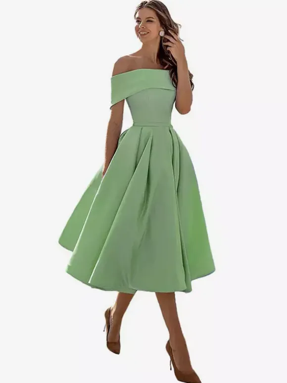 Robe de bal trapèze à épaules dénudées en satin longueur thé robe de soirée habillée