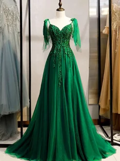 Robe de bal vert foncé dentelle col en V A-ligne sans manches perles à lacets robes de soirée maxi