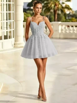 Robe de bal vert sauge robe midi en tulle et dentelle appliquée bretelles spaghetti décolleté c艙ur coupe trapèze robe de soirée courte bleu poudré