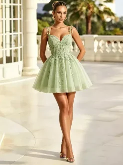 Robe de bal vert sauge robe midi en tulle et dentelle appliquée bretelles spaghetti décolleté c艙ur coupe trapèze robe de soirée courte bleu poudré