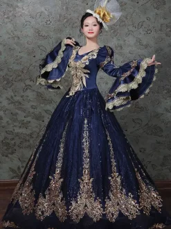 Robe de bal victorienne rococo vintage brodée manches longues évasées