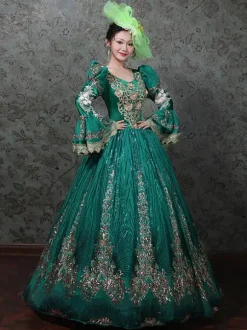 Robe de bal victorienne rococo vintage brodée manches longues évasées
