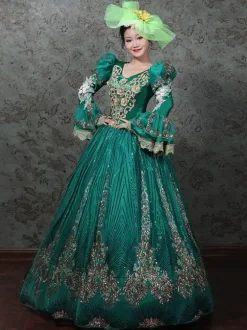 Robe de bal victorienne rococo vintage brodée manches longues évasées