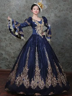 Robe de bal victorienne rococo vintage brodée manches longues évasées