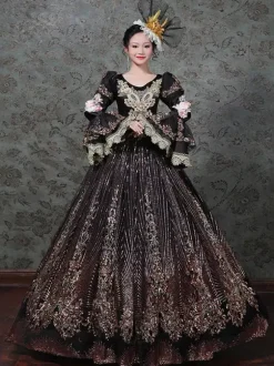Robe de bal victorienne rococo vintage brodée manches longues évasées