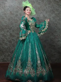 Robe de bal victorienne rococo vintage brodée manches longues évasées