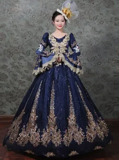 Robe de bal victorienne rococo vintage brodée manches longues évasées