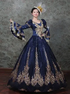 Robe de bal victorienne rococo vintage brodée manches longues évasées