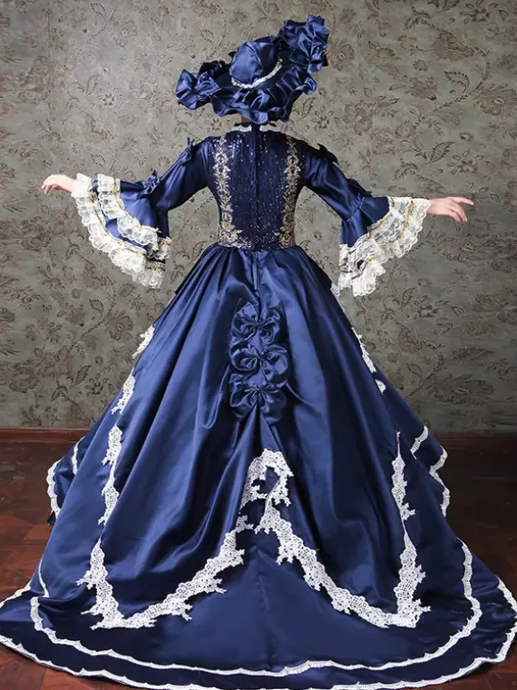 Robe de bal vintage pour femme style victorien rococo ornée de dentelle manches évasées col montant et volants en dentelle.