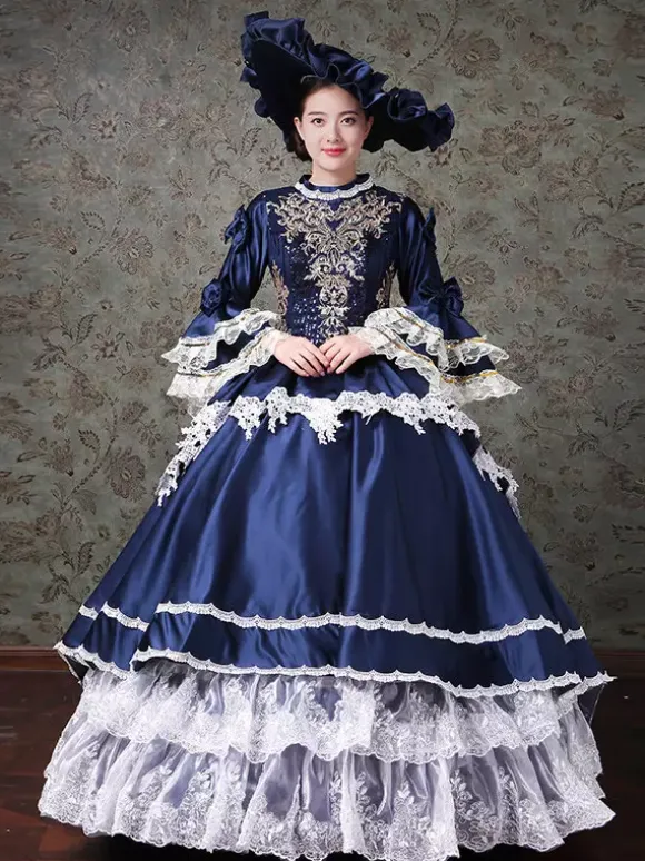 Robe de bal vintage pour femme style victorien rococo ornée de dentelle manches évasées col montant et volants en dentelle.