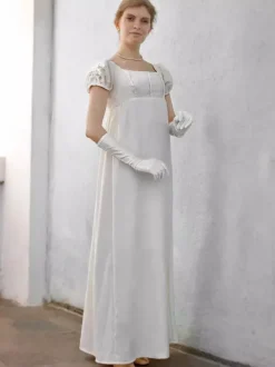 Robe De Brigerton Robe Régence Costumes Rétro Blanc Écru Dentelle Polyester Robe Femmes Vintage Marie Antoinette Costume Shift Party Robe De Bal