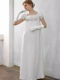 Robe De Brigerton Robe Régence Costumes Rétro Blanc Écru Dentelle Polyester Robe Femmes Vintage Marie Antoinette Costume Shift Party Robe De Bal