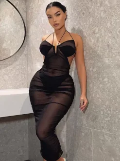 Robe De Club Femmes Col En V Chic À Lacets Transparente En Polyester Dos Nu Noire Sexy