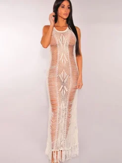 Robe de Club longue Creusants avec Franges Femme avec Bretelles à Col Rond Transparente Coupe Cintrée Unicolore Robe Sexy